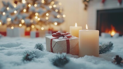 Glowing Candles and Gifts in a Snowy,Blurred Winter Wonderland