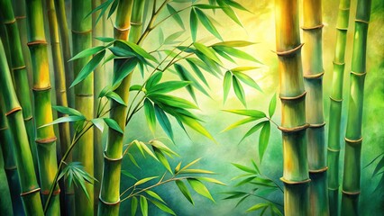 Vibrant Watercolor Bamboo Painting, High-Detail Close-up Stock Photo