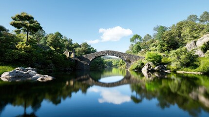 Fototapeta premium Serene landscape featuring a stone bridge over a calm river.