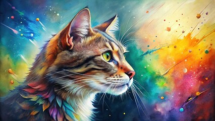 Watercolor Cat Profile, Colorful Splashes, Artistic Pet Portrait, Elegant Feline Art