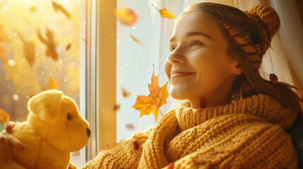 Melancholic Contemplation Amidst Falling Autumn Leaves, Woman by Window with Soft Natural Light, Symbolizing Seasonal Affective Disorder
