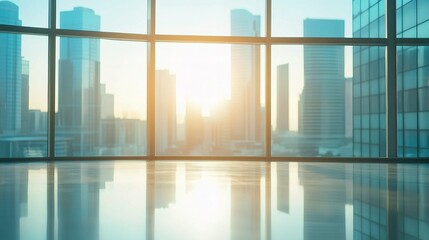 Fototapeta premium Modern Office Meeting Room with Sunlight and City View in Morning