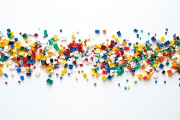 Colorful plastic blocks scattered on white background. (1)
