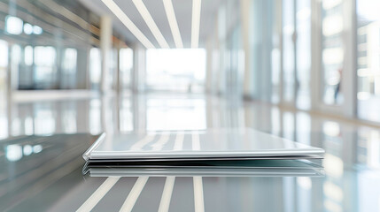Clarity and Professionalism Exemplified by Corporate Policy Document on Glass Desk with Blurred Office Ambiance, f/2.0mm Stock Photo Style