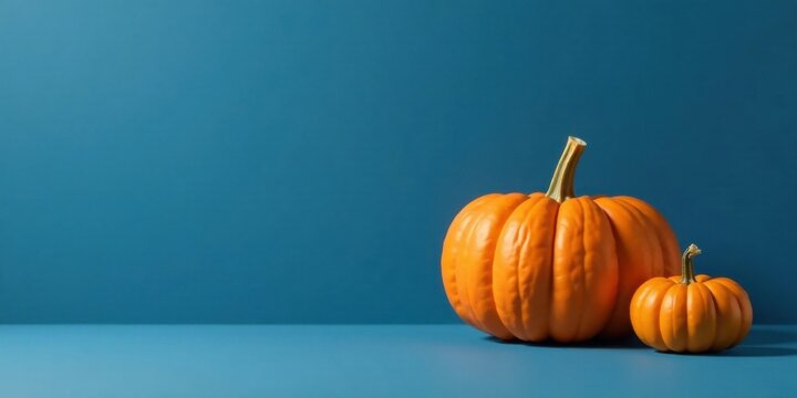 A vibrant autumn still life featuring two pumpkins of varying sizes, set against a smooth teal backdrop.