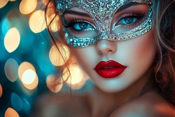 A captivating woman in a sparkling mask, with striking blue eyes and bold red lips, set against a backdrop of soft, colorful bokeh lights.