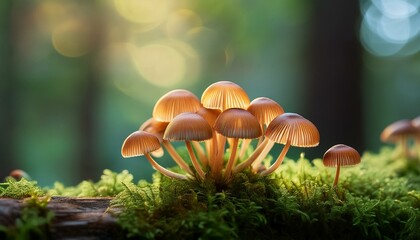 Fototapeta premium Cluster of small mushrooms in a forest, bathed in sunlight.