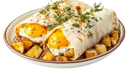 Tasty potato and egg breakfast burrito meal breakfast isolated on transparent  background 