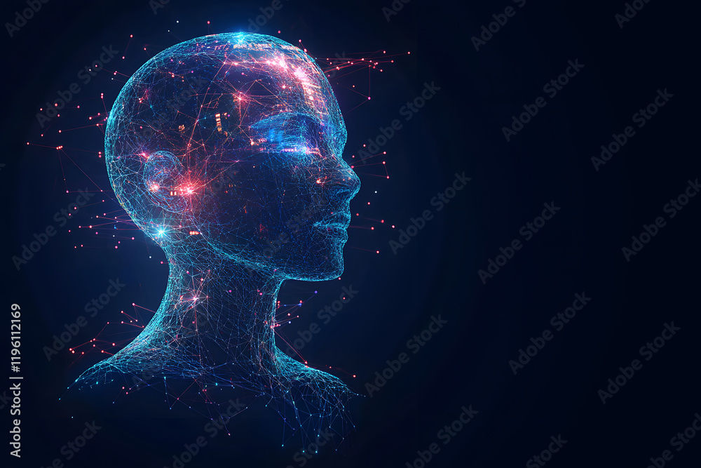 Poster abstract illustration of ai visualization. dark blue background. a face consisting of glowing digita