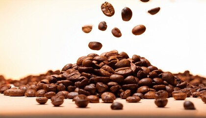 Obraz premium Roasted coffee beans falling onto a pile.