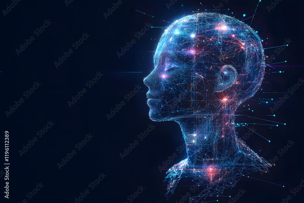 Poster abstract illustration of ai visualization. dark blue background. a face consisting of glowing digita