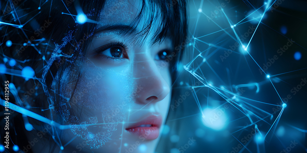 Wall mural image of a girl with a hologram of a digital network and connections. technological design. interact
