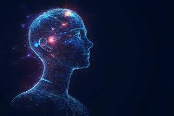 Abstract illustration of AI visualization. dark blue background. a face consisting of glowing digital lines and dots. artificial intelligence. technology and data network. futuristic atmosphere