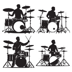 set of black drummer musician drumming drums vector silhouettes isolated on white background