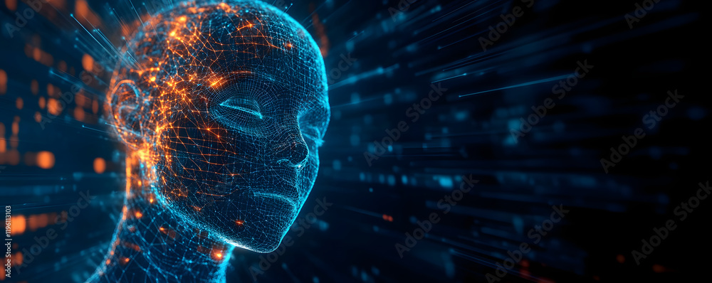 Poster abstract illustration of ai visualization. dark blue background. a face consisting of glowing digita