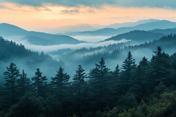 Obraz premium Ridges of juniper mist at daybreak, creating a mystical and serene mountain view