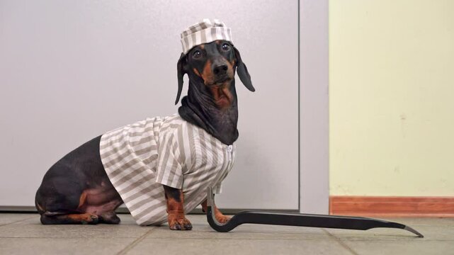 Dachshund dog in prisoner striped uniform sits guiltily and obediently at the door of a safe with crowbar, caught red-handed, evidence of a crime. Looks with an innocent look at the admission of guilt