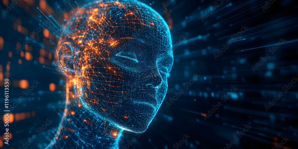 Poster abstract illustration of ai visualization. dark blue background. a face consisting of glowing digita