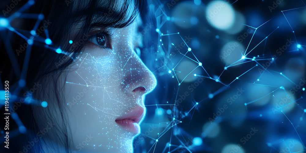 Wall mural image of a girl with a hologram of a digital network and connections. technological design. interact