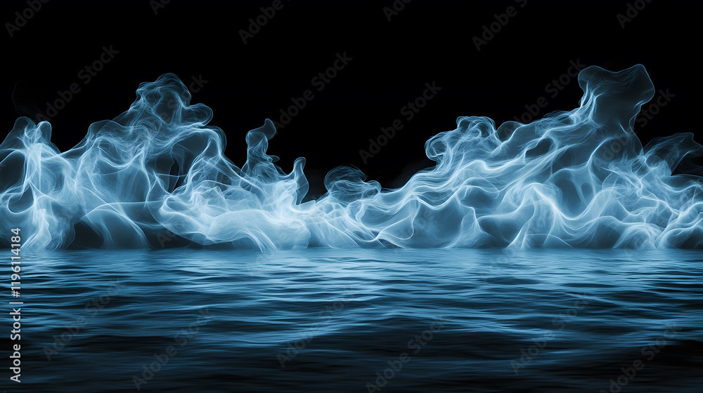Poster A mesmerizing display of blue water waves and ethereal mist against a black background, creating a serene and dynamic visual effect