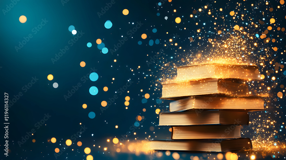 Aufkleber a stack of glowing books surrounded by shimmering particles, evoking a sense of magic and knowledge 