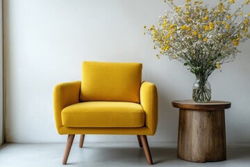 Yellow armchair with flowers beside wooden side table against white wall.
