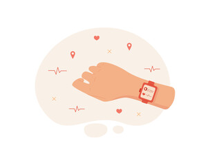 Smartwatch on hand shows fitness app. This mobile device captures health data with a user application. Digital technology enhances lifestyle, flat design suitable for wellness concepts.