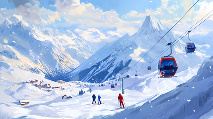 Fototapeta premium Wintersport: skiers in a beautiful resort and valley full of white snow with aerial cableway service. Windspire. Illustration