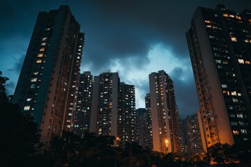 Fototapeta premium Night view of illuminated high-rise residential buildings under a dramatic sky.