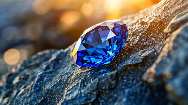 Brilliant blue gemstone reflecting sunlight on a rocky surface in a natural outdoor setting