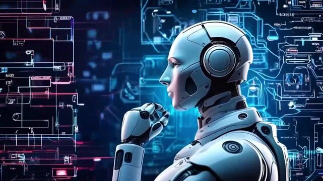AI robot thinking with digital interface background