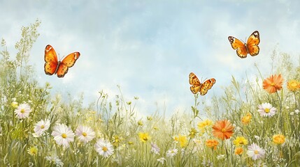 Butterflies and Flowers Meadow Spring Nature Scene