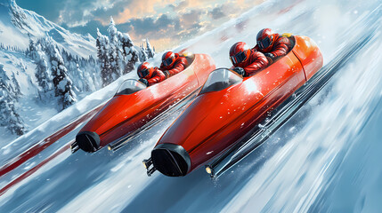 Red bobsled team racing down a snowy track. Windspire. Illustration