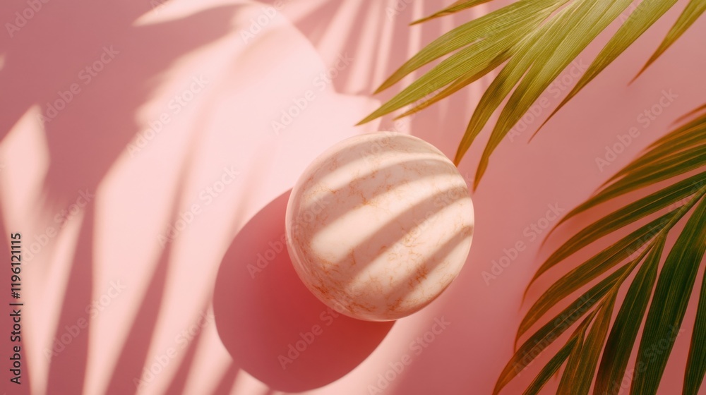 Aufkleber a round marble object rests on a pink surface while shadows from palm leaves create playful patterns