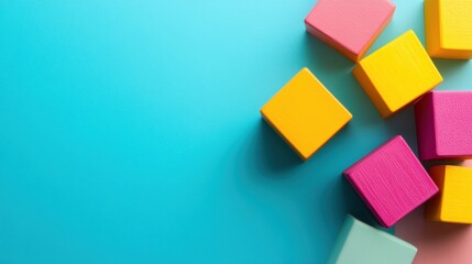 Building blocks in vibrant colors are scattered playfully on a blue background, inviting imaginative construction and learning activities