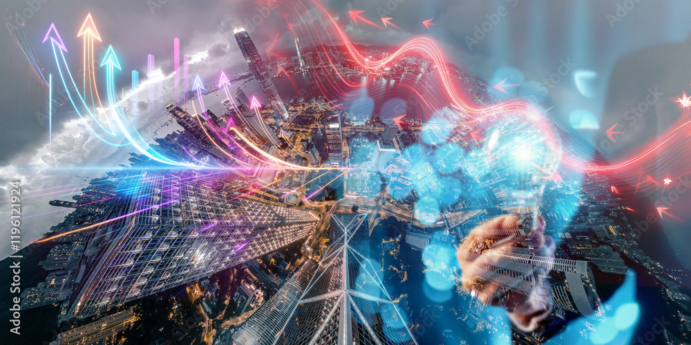 Aufkleber abstract concept depicting hong kong's vibrant energy, symbolized by dynamic light trails and upward