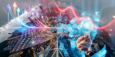 Abstract concept depicting Hong Kong's vibrant energy, symbolized by dynamic light trails and...