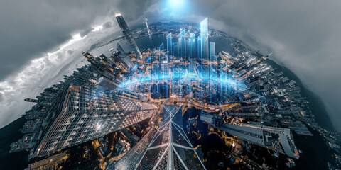 Abstract concept of Hong Kong's cityscape at night, viewed from above, showcasing futuristic energy and infrastructure.
