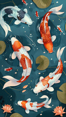 Vector illustration of koi fish, simple flat style with simple lines, on a blue background with lotus leaves and water lilies in the corners. Each koi fish is in a different color, depicted in a top-d