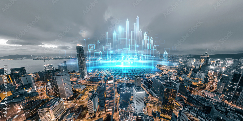 Poster Abstract concept of Hong Kong's skyline merging with futuristic digital architecture, showcasing technological advancement and urban development.