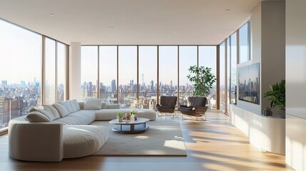 Fototapeta premium Contemporary Interior with Panoramic City View and Natural Light