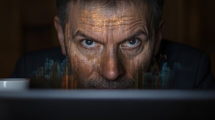 Close-up of a man's face, focused on a computer screen with data visualizations.