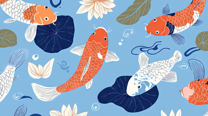 Fototapeta premium Vector illustration of koi fish, simple flat style with simple lines, on a blue background with lotus leaves and water lilies in the corners. Each koi fish is in a different color, depicted in a top-d