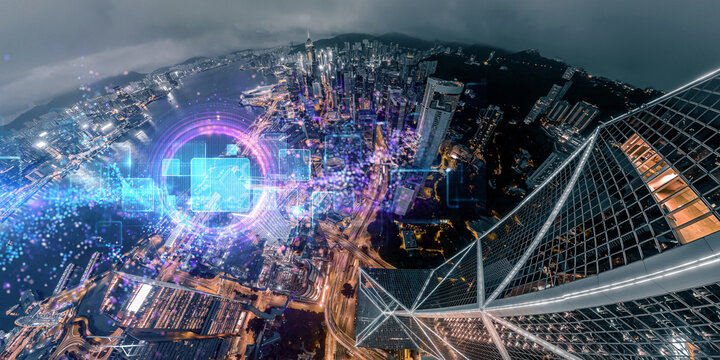 Abstract concept depicting Hong Kong's vibrant cityscape at night, overlaid with glowing digital network imagery.  A futuristic vision of urban technology.