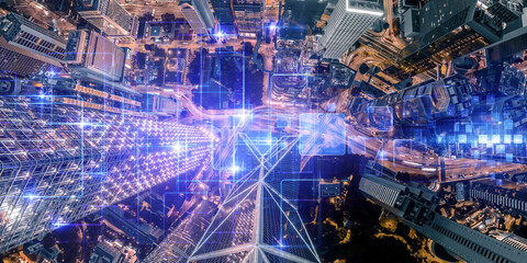Abstract concept of Hong Kong's cityscape at night, overlaid with a glowing network representing digital connectivity.