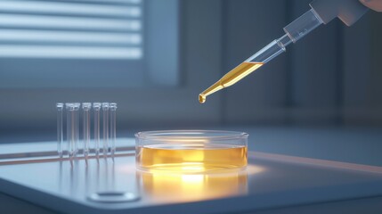 Glowing Liquid Being Transferred with Pipette into Sterile Petri Dish in Laboratory Setting