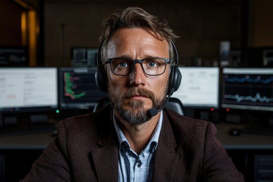 Focused businessman wearing headset in front of computer screens