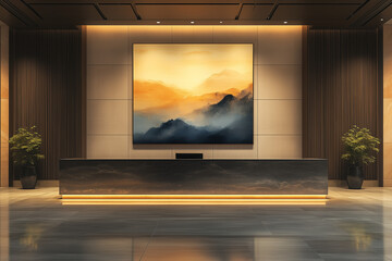 Vacant Reception Desk in a Lobby Setting with Artistic Accents for Decoration