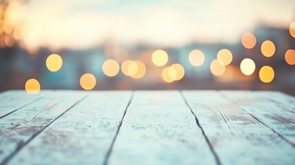 A white wooden table stands in focus, illuminated by enchanting bokeh lights in the background, evoking a cozy evening vibe