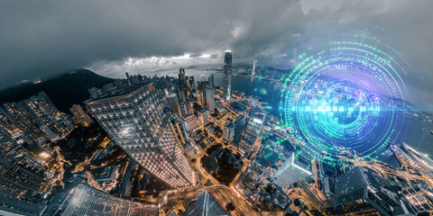 Abstract concept of Hong Kong's cityscape at night, overlaid with a futuristic digital interface.  The image suggests technological advancement and urban development.